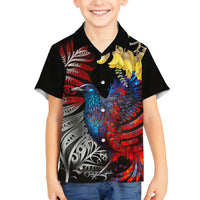 New Zealand Kohwhai Tui Bird Family Matching Off Shoulder Short Dress and Hawaiian Shirt Silver Fern Version LT03 Son's Shirt Black - Polynesian Pride