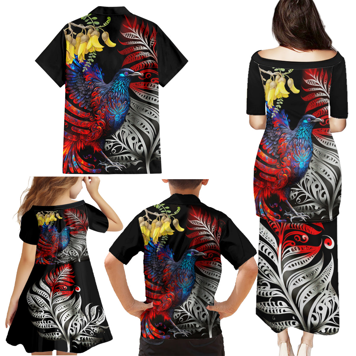 New Zealand Kohwhai Tui Bird Family Matching Puletasi and Hawaiian Shirt Silver Fern Version LT03 - Polynesian Pride