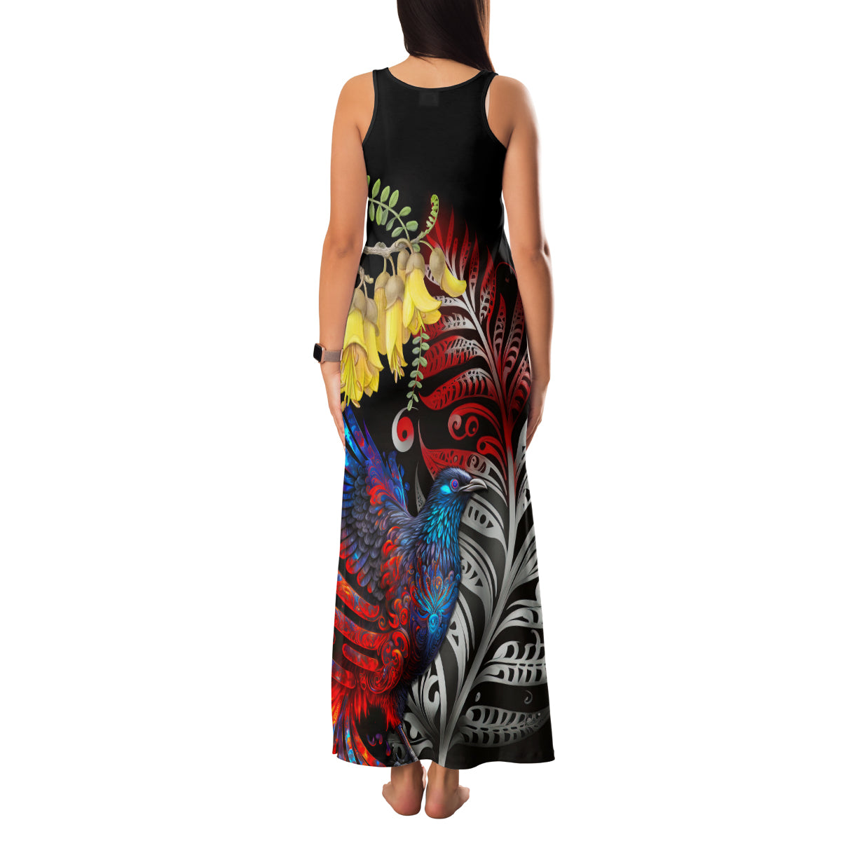 New Zealand Kohwhai Tui Bird Family Matching Tank Maxi Dress and Hawaiian Shirt Silver Fern Version LT03 - Polynesian Pride