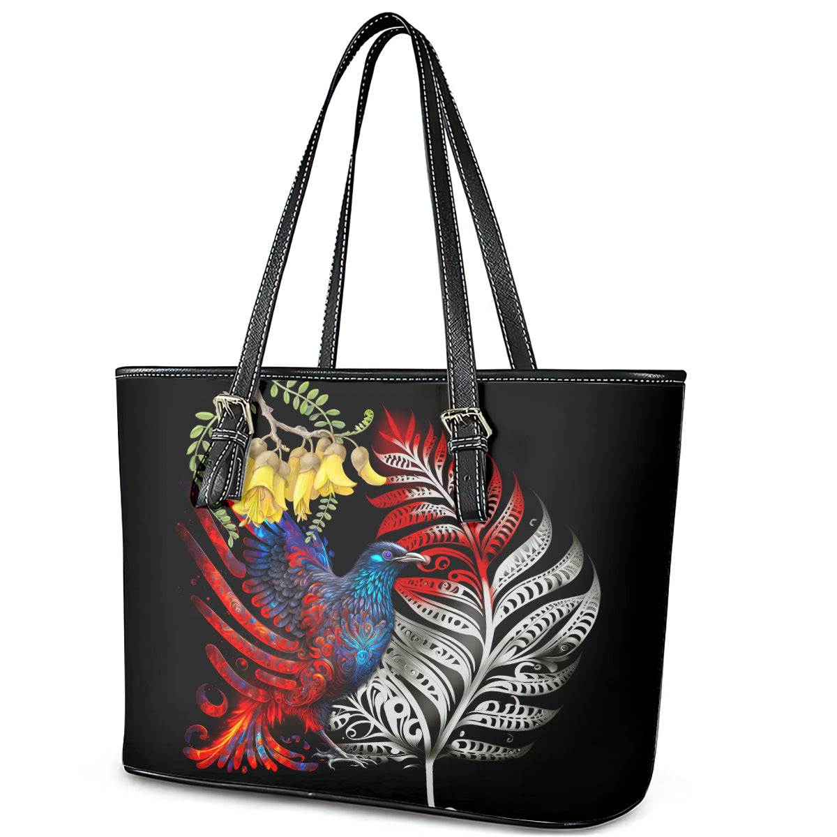 New Zealand Kohwhai Tui Bird Leather Tote Bag Silver Fern Version LT03 - Polynesian Pride