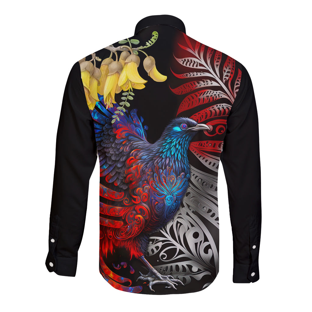 New Zealand Kohwhai Tui Bird Long Sleeve Button Shirt Silver Fern Version LT03 - Polynesian Pride