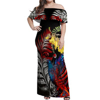 New Zealand Kohwhai Tui Bird Off Shoulder Maxi Dress Silver Fern Version LT03 Women Black - Polynesian Pride