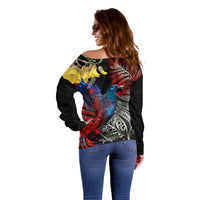 New Zealand Kohwhai Tui Bird Off Shoulder Sweater Silver Fern Version LT03 - Polynesian Pride