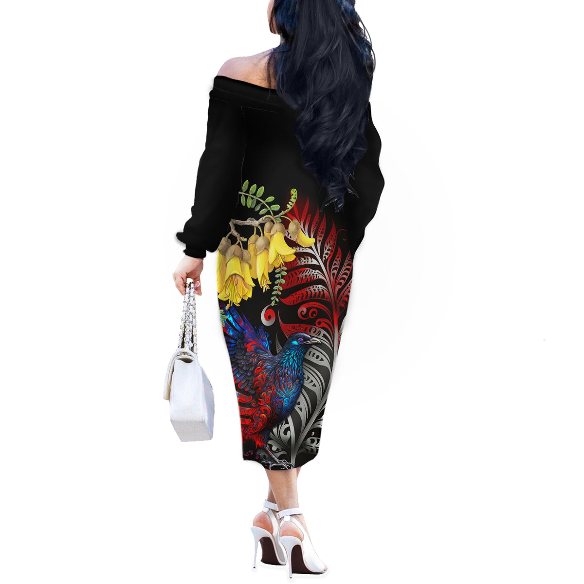 New Zealand Kohwhai Tui Bird Off The Shoulder Long Sleeve Dress Silver Fern Version LT03 - Polynesian Pride