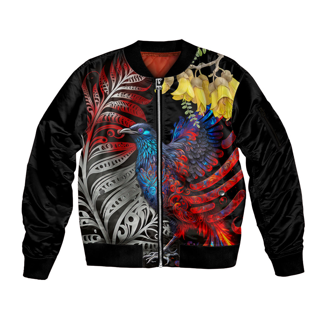 New Zealand Kohwhai Tui Bird Sleeve Zip Bomber Jacket Silver Fern Version LT03 Unisex Black - Polynesian Pride