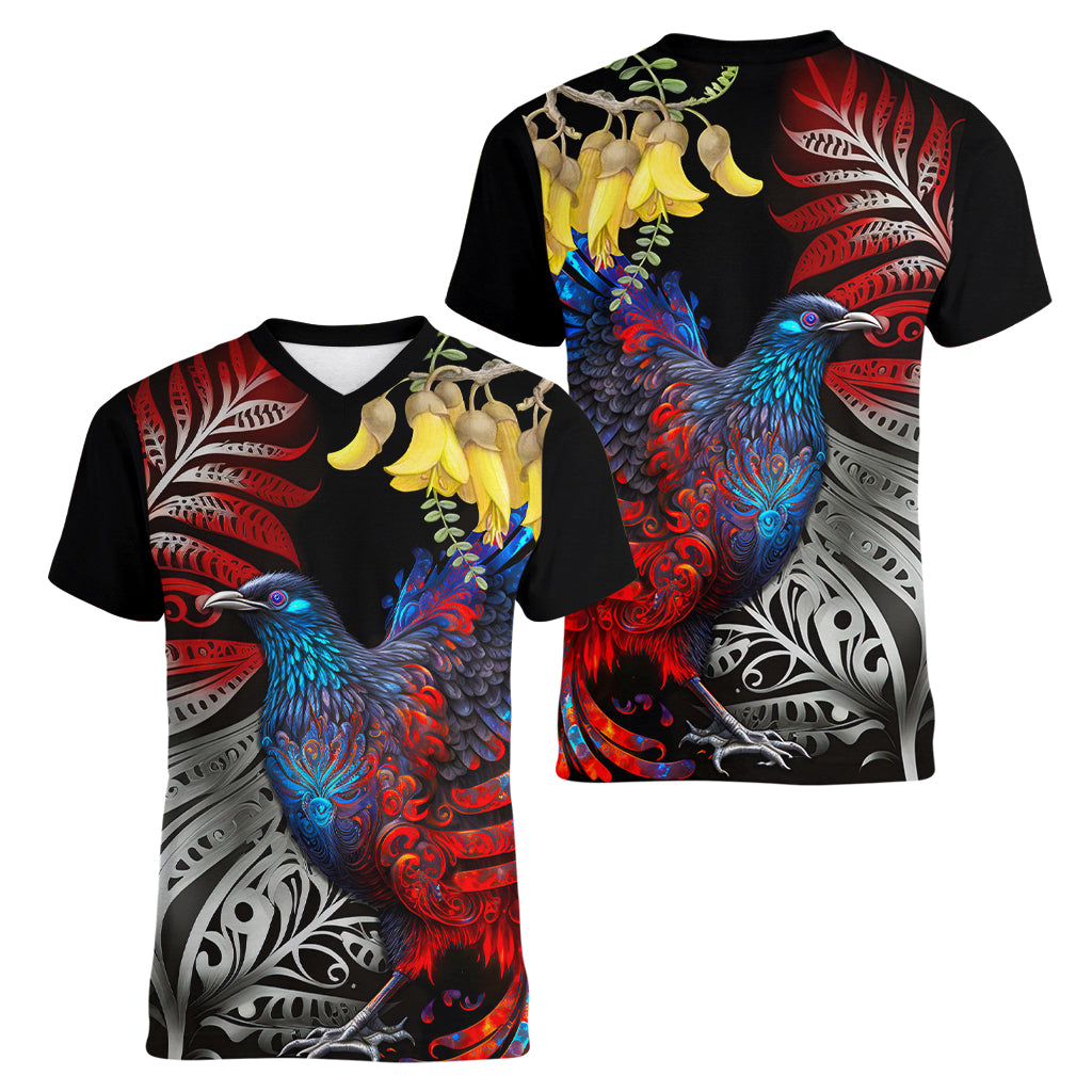 New Zealand Kohwhai Tui Bird Women V Neck T Shirt Silver Fern Version LT03 - Polynesian Pride