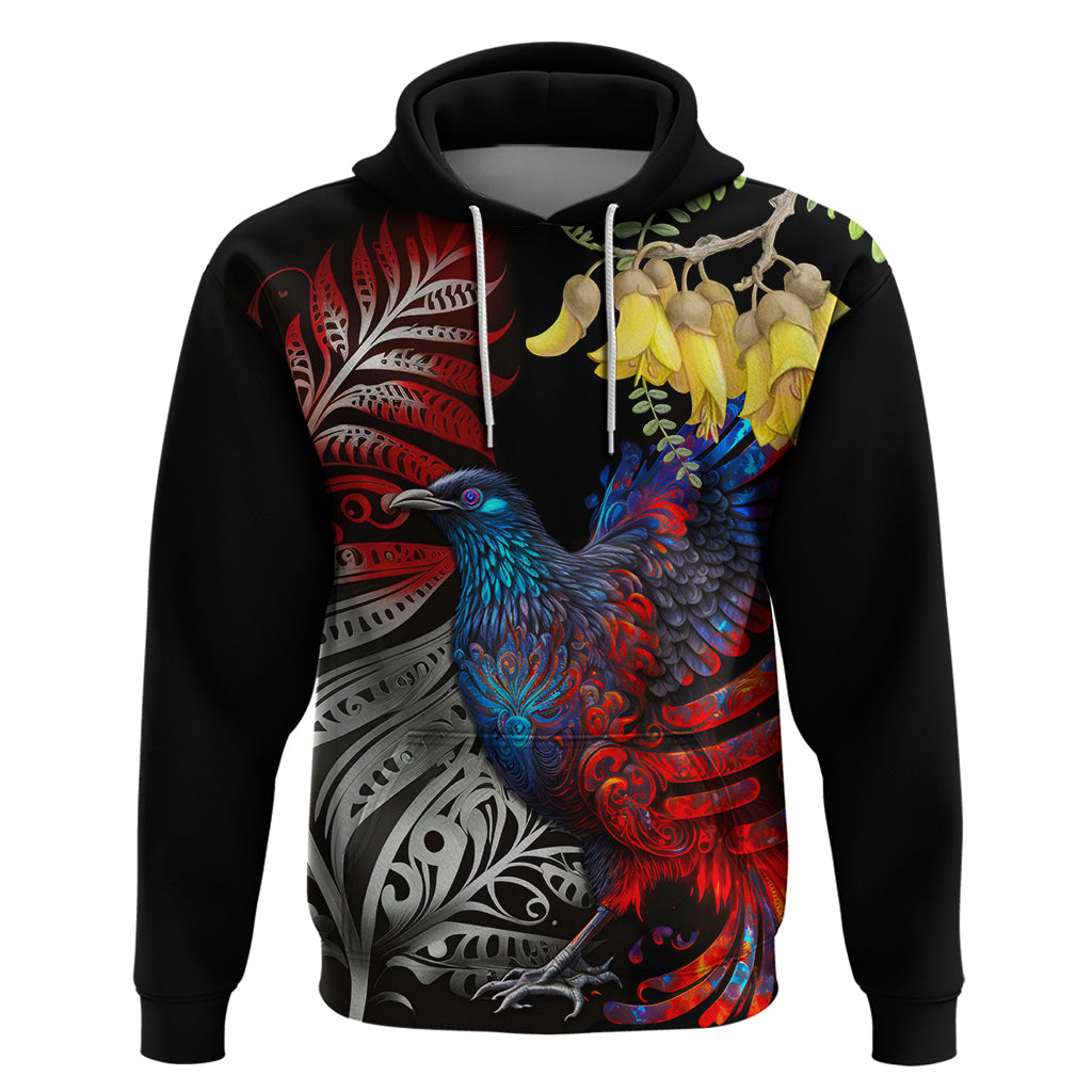 New Zealand Kohwhai Tui Bird Zip Hoodie Silver Fern Version LT03 Pullover Hoodie Black - Polynesian Pride