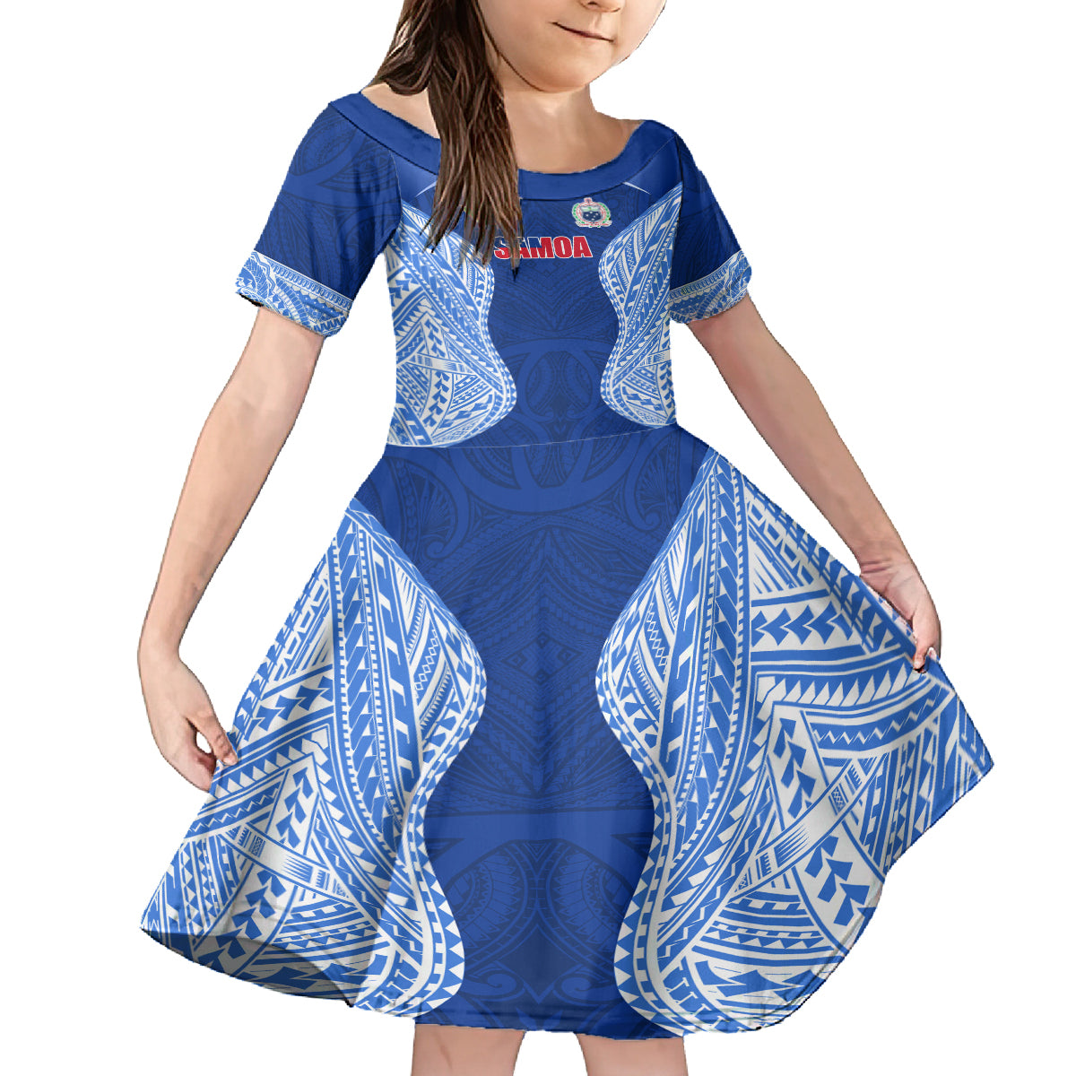 Custom Manu Samoa Rugby Family Matching Off Shoulder Short Dress and Hawaiian Shirt Polynesian Tattoo LT03 Daughter's Dress Blue - Polynesian Pride