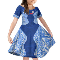 Custom Manu Samoa Rugby Family Matching Off Shoulder Short Dress and Hawaiian Shirt Polynesian Tattoo LT03 Daughter's Dress Blue - Polynesian Pride
