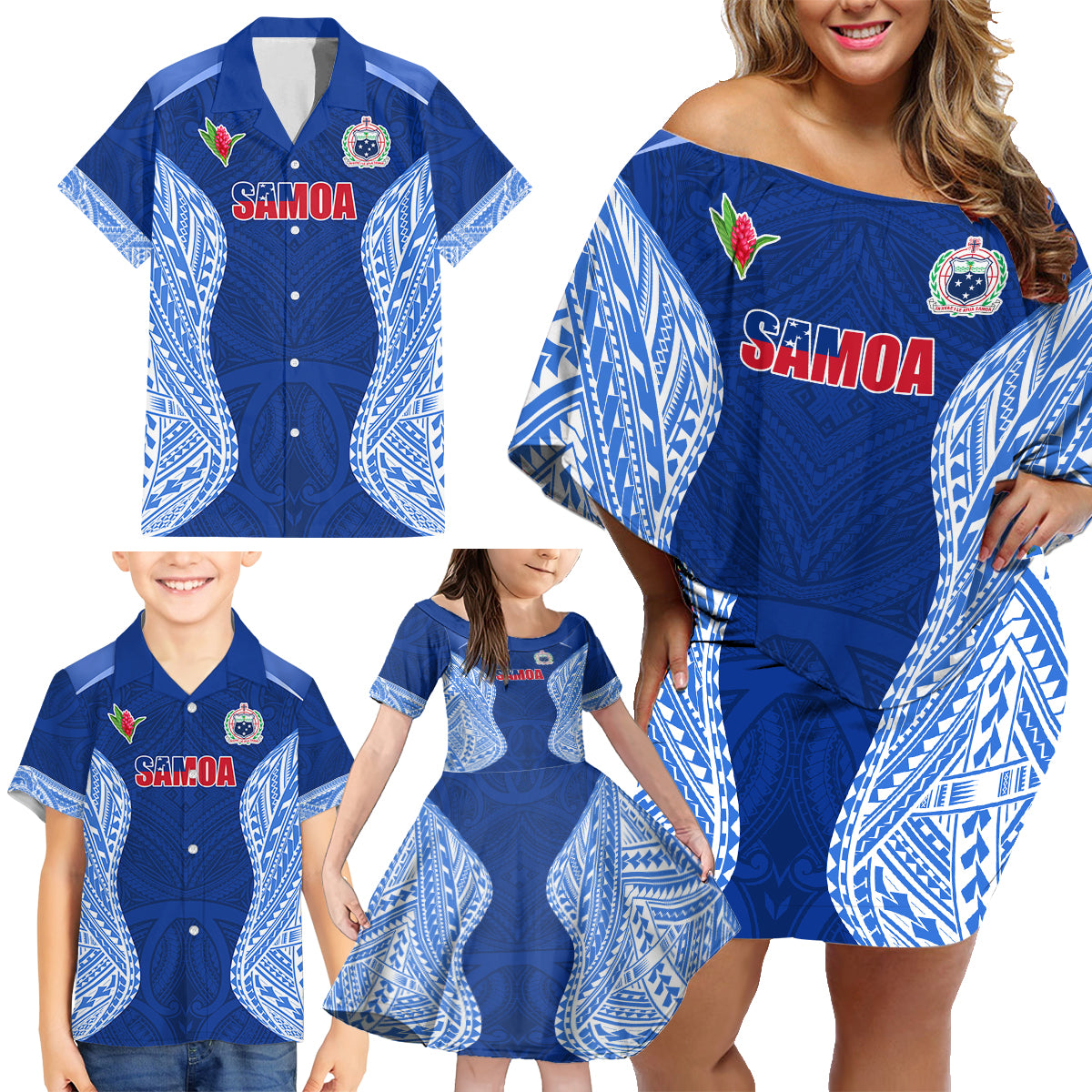 Custom Manu Samoa Rugby Family Matching Off Shoulder Short Dress and Hawaiian Shirt Polynesian Tattoo LT03 - Polynesian Pride