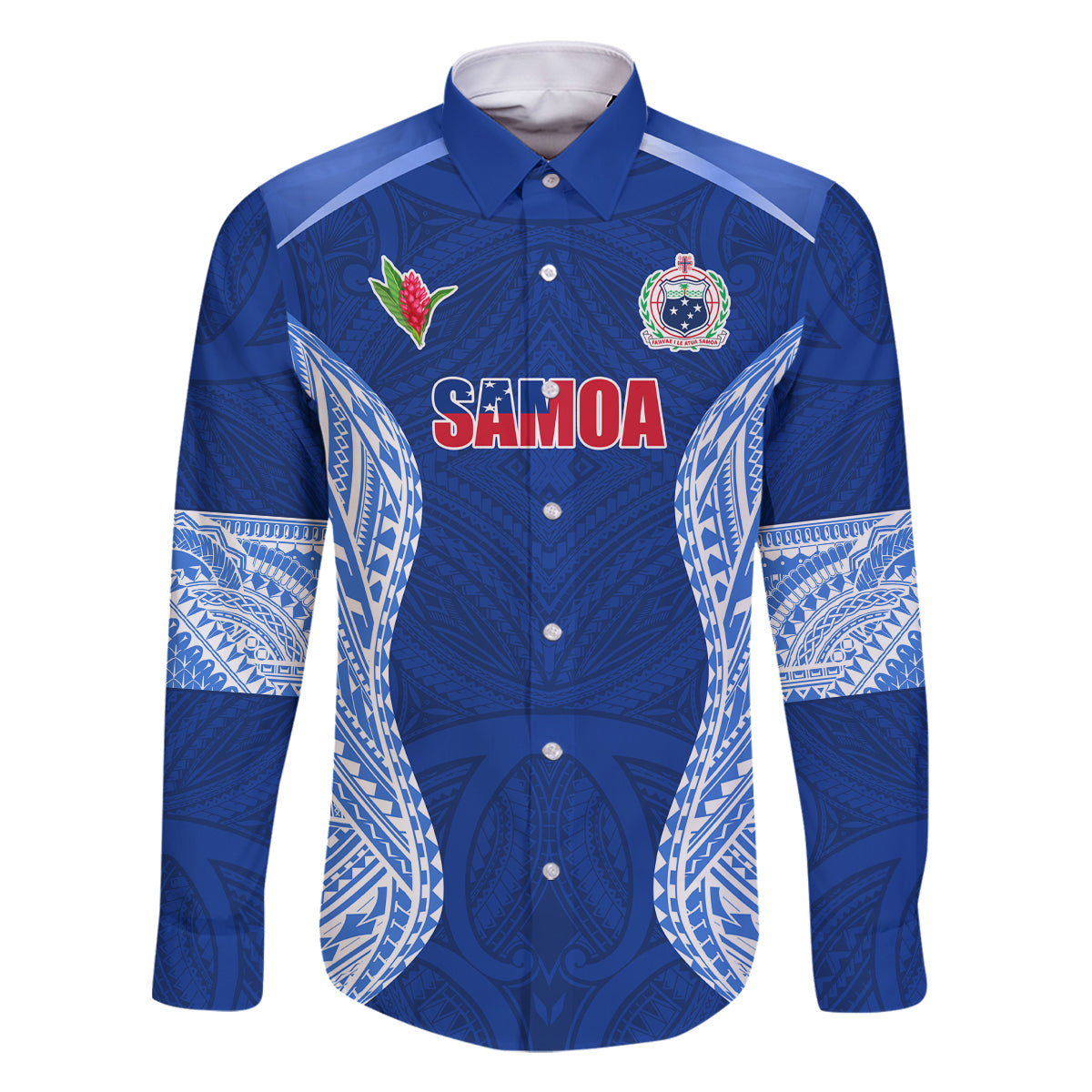 Custom Manu Samoa Rugby Family Matching Off Shoulder Short Dress and Hawaiian Shirt Polynesian Tattoo LT03 Dad's Shirt - Long Sleeve Blue - Polynesian Pride