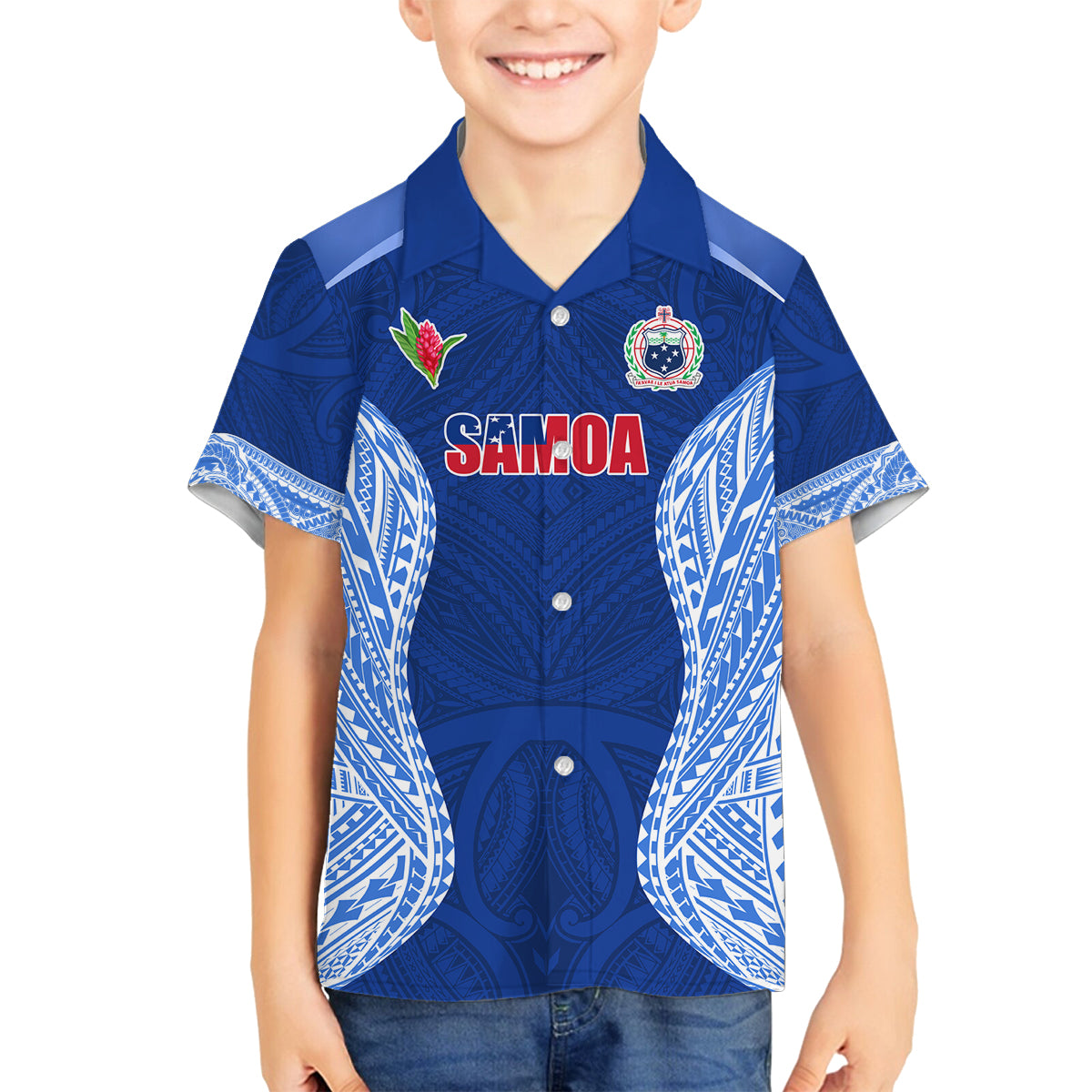 Custom Manu Samoa Rugby Family Matching Off Shoulder Short Dress and Hawaiian Shirt Polynesian Tattoo LT03 Son's Shirt Blue - Polynesian Pride