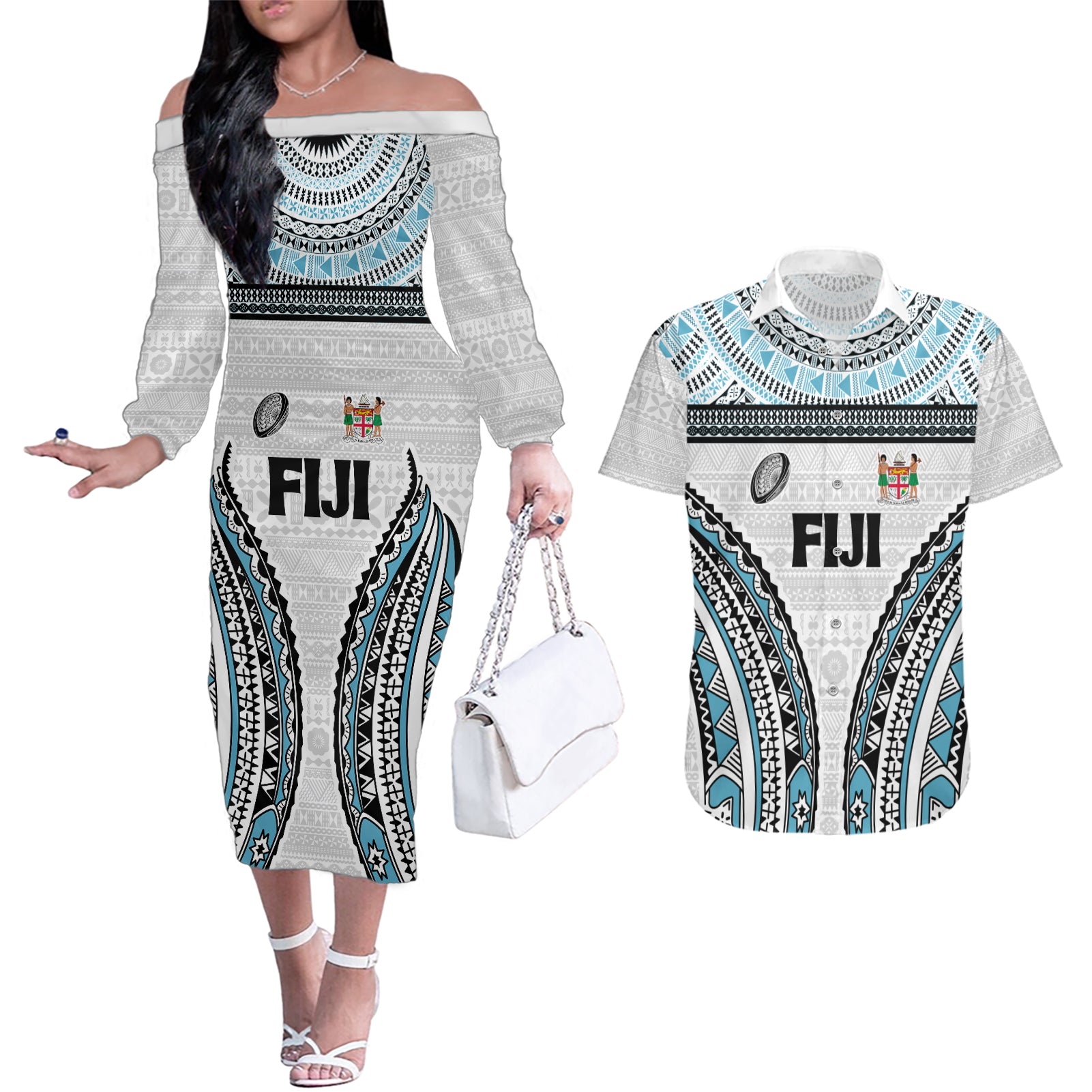 Custom Flying Fijians Rugby Couples Matching Off The Shoulder Long Sleeve Dress and Hawaiian Shirt Tapa Tribal Cloth LT03 White - Polynesian Pride