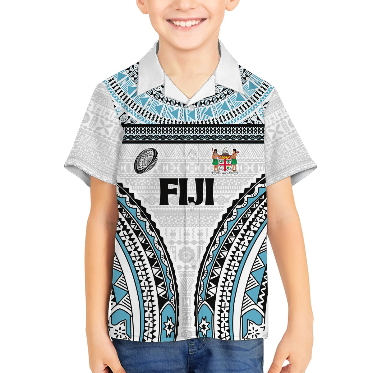 Custom Flying Fijians Rugby Family Matching Tank Maxi Dress and Hawaiian Shirt Tapa Tribal Cloth LT03 Son's Shirt White - Polynesian Pride