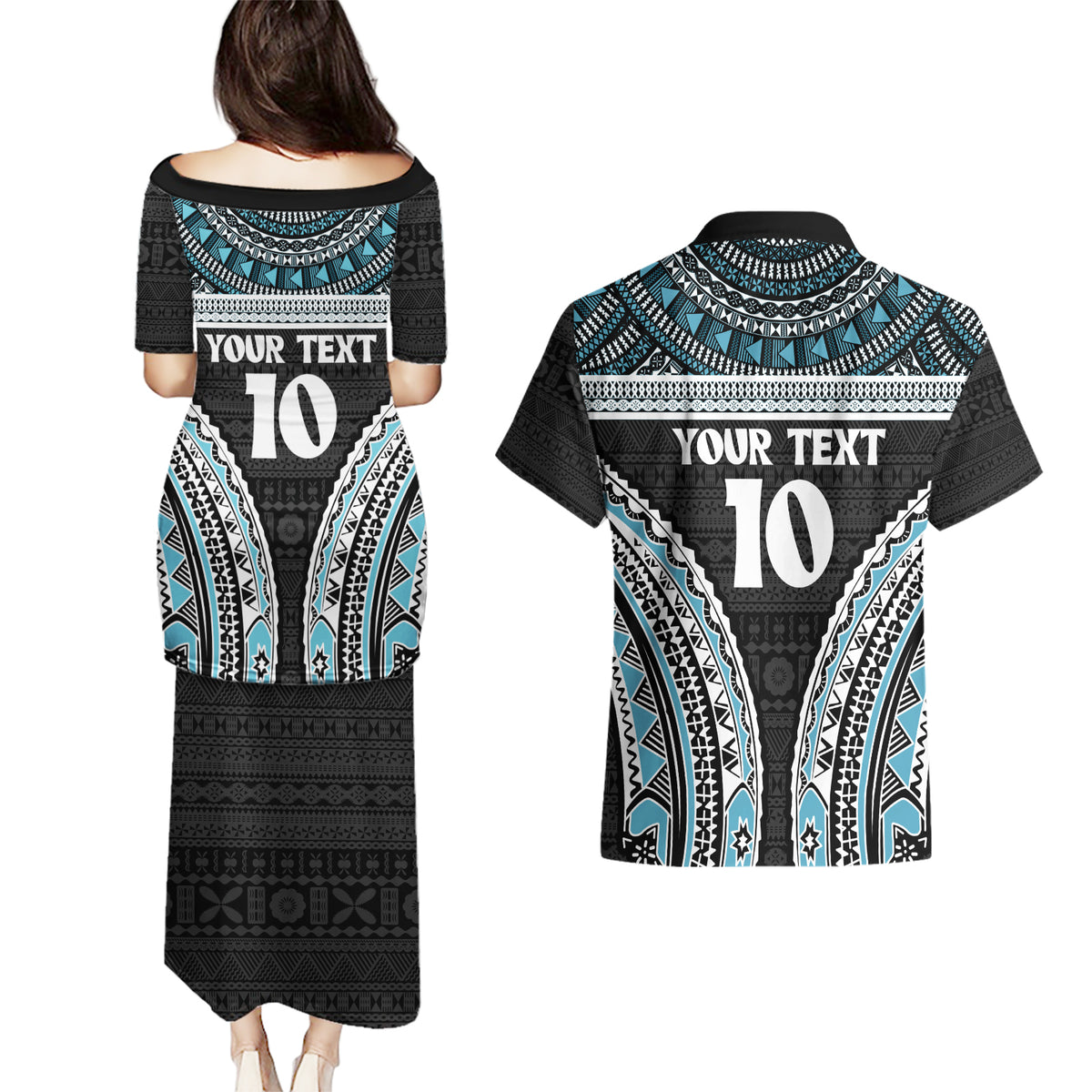 Custom Flying Fijians Rugby Couples Matching Puletasi and Hawaiian Shirt Tapa Tribal Cloth Black Color LT03 - Polynesian Pride