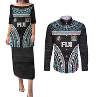 Custom Flying Fijians Rugby Couples Matching Puletasi and Long Sleeve Button Shirt Tapa Tribal Cloth Black Color LT03 Black - Polynesian Pride