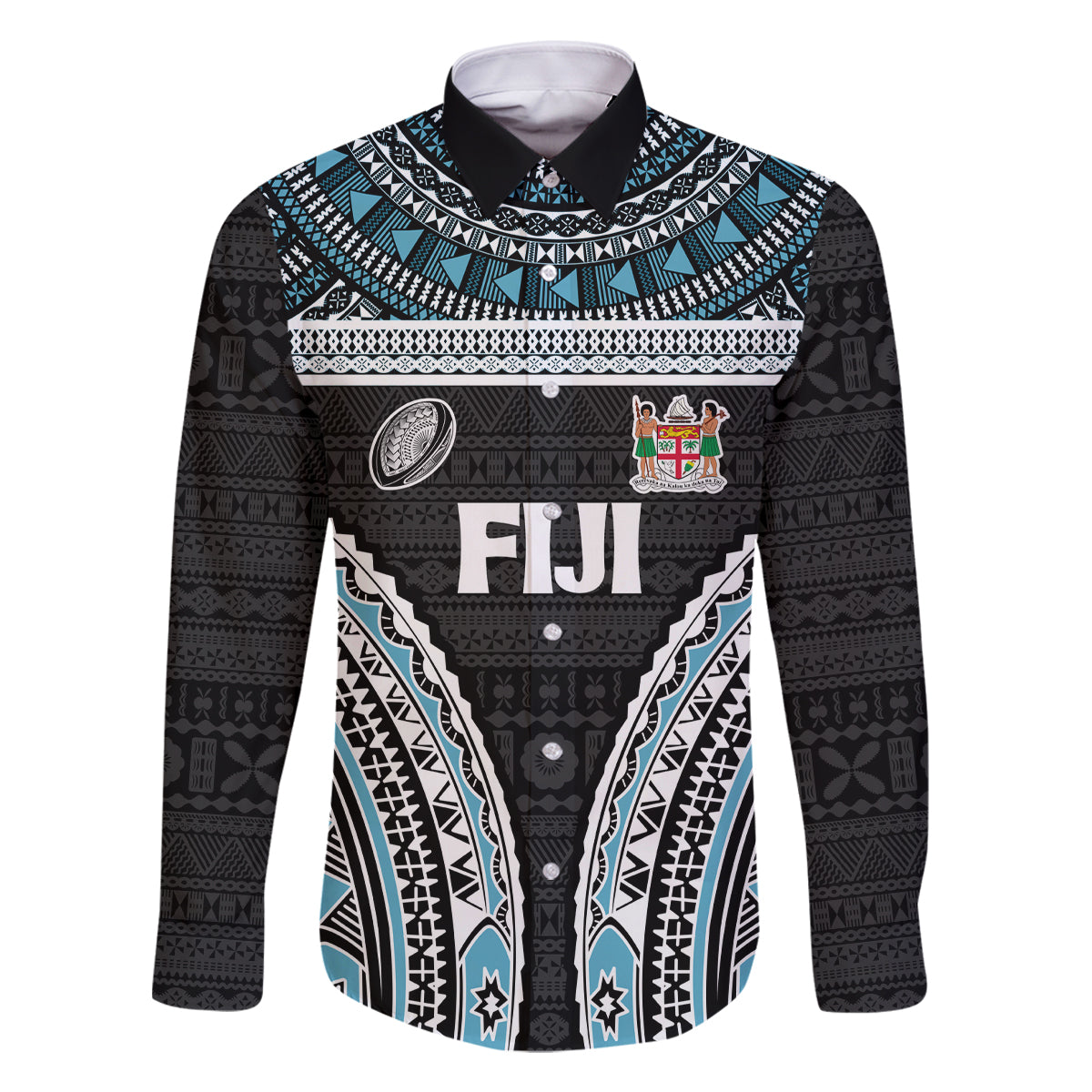 Custom Flying Fijians Rugby Family Matching Off The Shoulder Long Sleeve Dress and Hawaiian Shirt Tapa Tribal Cloth Black Color LT03 Dad's Shirt - Long Sleeve Black - Polynesian Pride