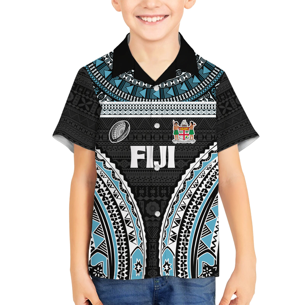 Custom Flying Fijians Rugby Family Matching Puletasi and Hawaiian Shirt Tapa Tribal Cloth Black Color LT03 Son's Shirt Black - Polynesian Pride