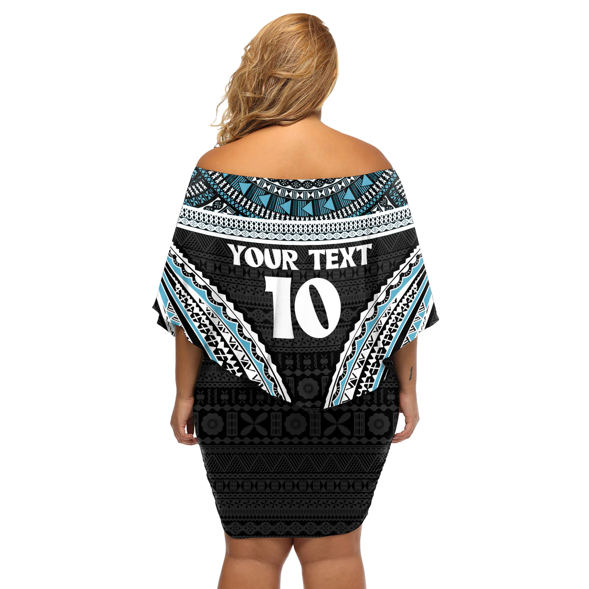 Custom Flying Fijians Rugby Off Shoulder Short Dress Tapa Tribal Cloth Black Color LT03 - Polynesian Pride
