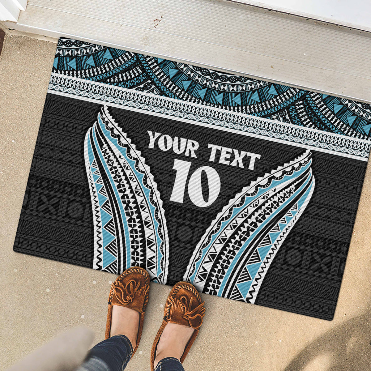 Custom Flying Fijians Rugby Rubber Doormat Tapa Tribal Cloth Black Color LT03 - Polynesian Pride