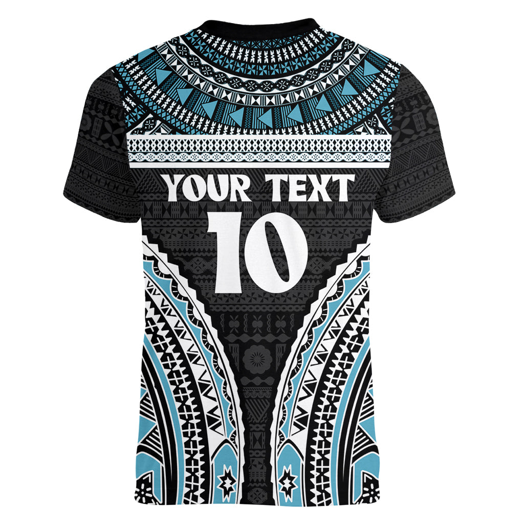 Custom Flying Fijians Rugby Women V Neck T Shirt Tapa Tribal Cloth Black Color LT03 - Polynesian Pride
