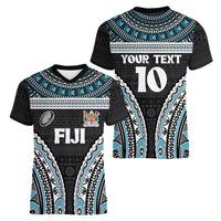 Custom Flying Fijians Rugby Women V Neck T Shirt Tapa Tribal Cloth Black Color LT03 - Polynesian Pride