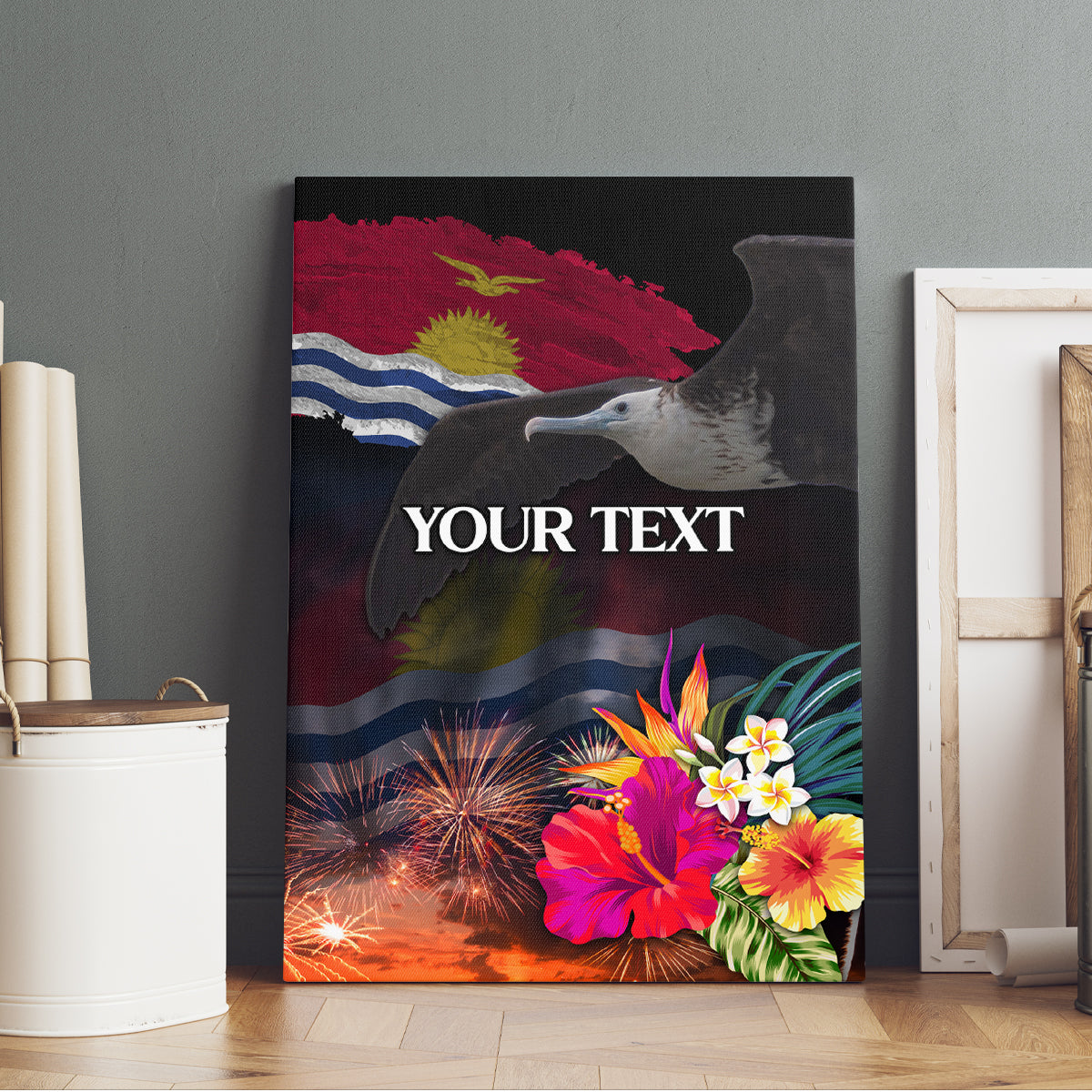 Personalised Kiribati Independence Day Canvas Wall Art Frigatebird and Plumeria Hibiscus Flower