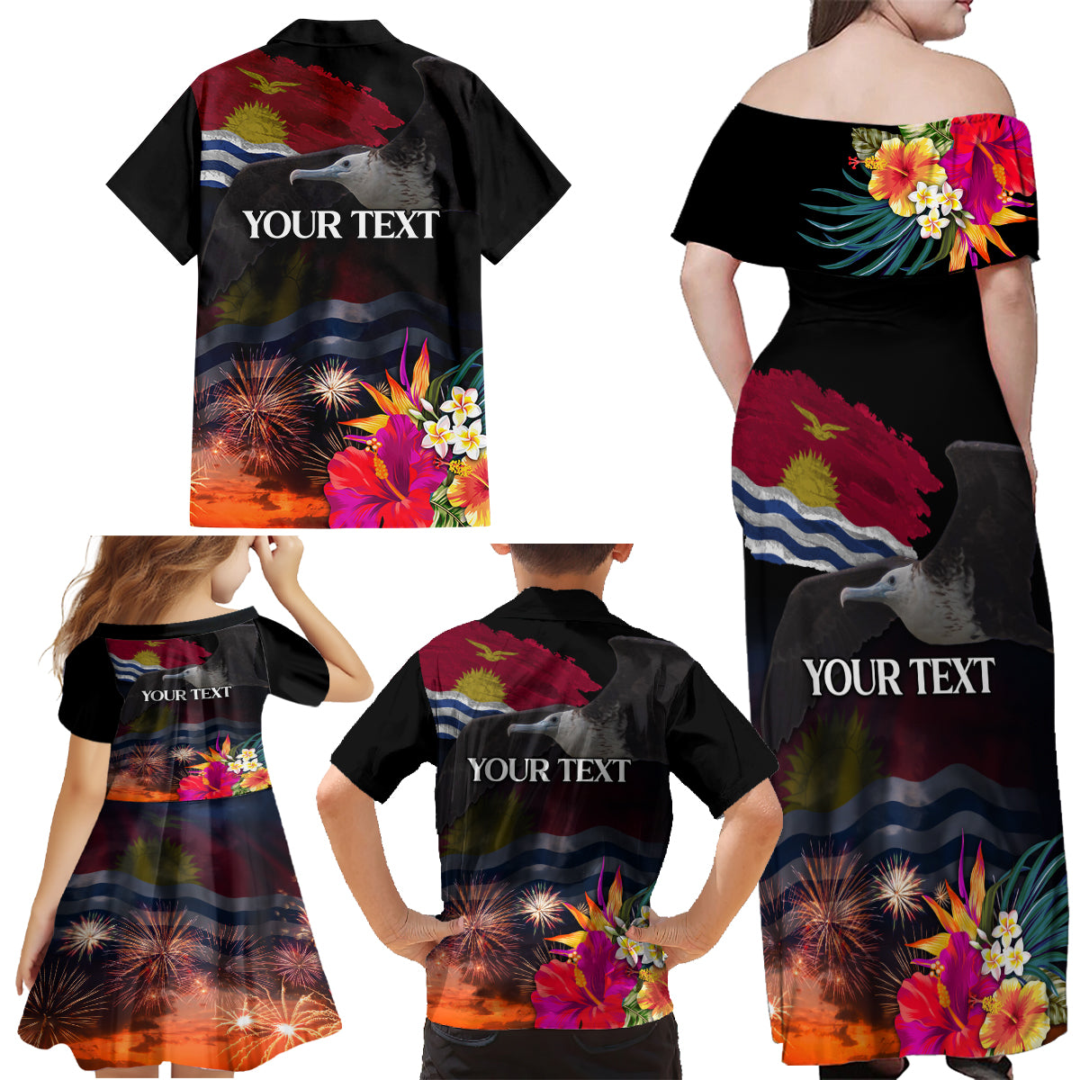 Kiribati Independence Day Family Matching Off Shoulder Maxi Dress and Hawaiian Shirt Frigatebird and Plumeria Hibiscus Flower