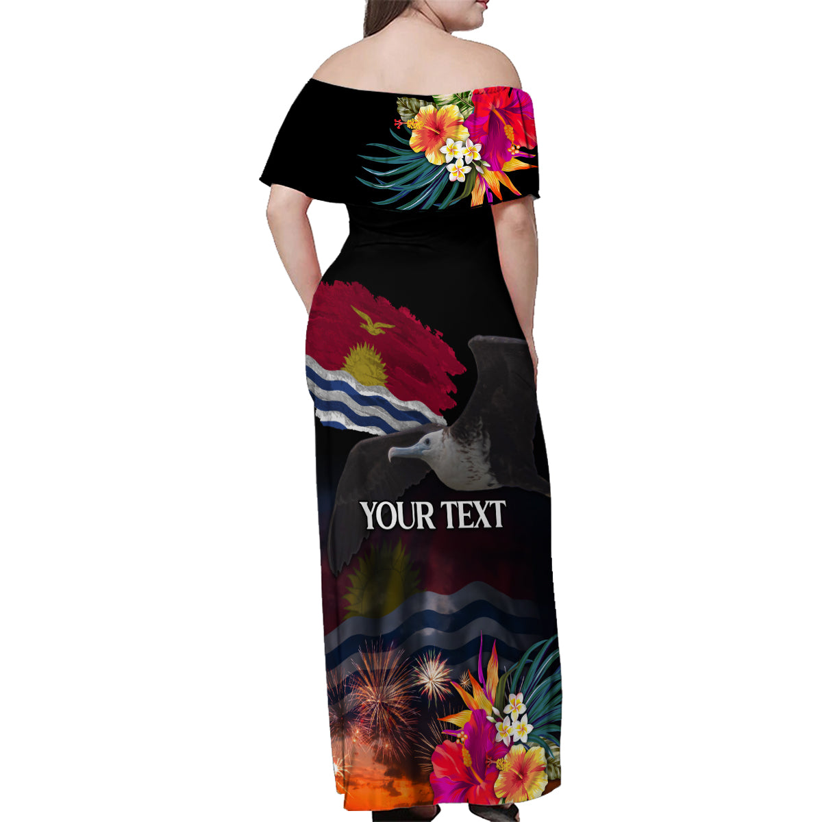 Kiribati Independence Day Family Matching Off Shoulder Maxi Dress and Hawaiian Shirt Frigatebird and Plumeria Hibiscus Flower