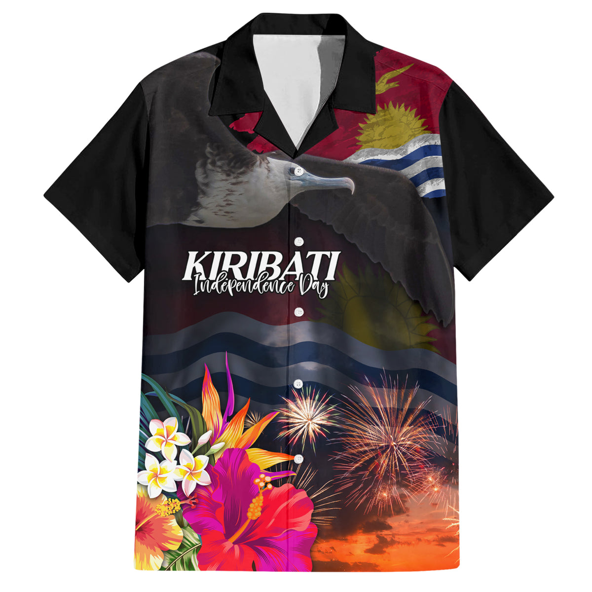 Kiribati Independence Day Family Matching Short Sleeve Bodycon Dress and Hawaiian Shirt Frigatebird and Plumeria Hibiscus Flower