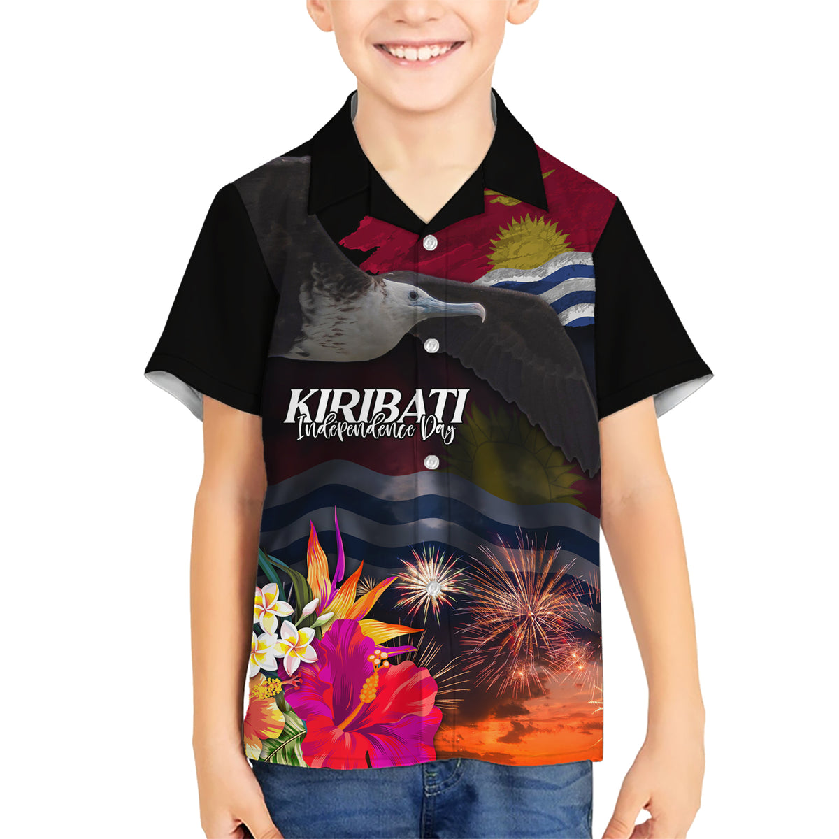 Kiribati Independence Day Hawaiian Shirt Frigatebird and Plumeria Hibiscus Flower