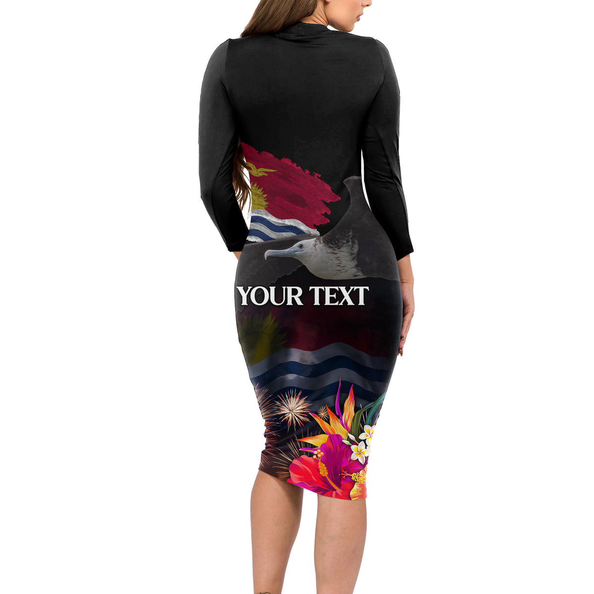 Kiribati Independence Day Long Sleeve Bodycon Dress Frigatebird and Plumeria Hibiscus Flower