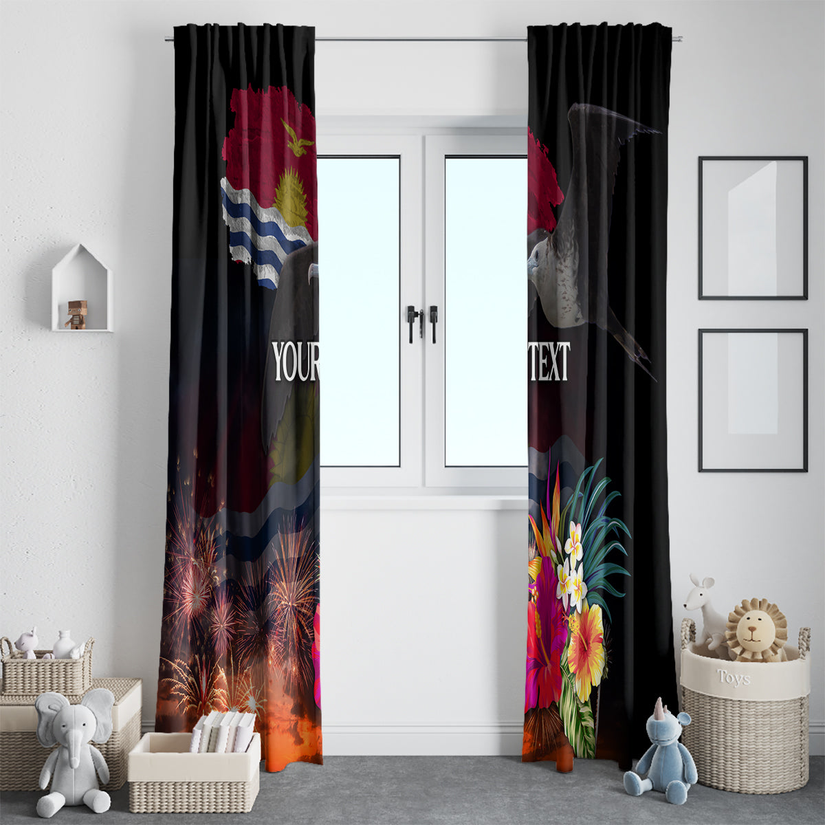 Personalised Kiribati Independence Day Window Curtain Frigatebird and Plumeria Hibiscus Flower