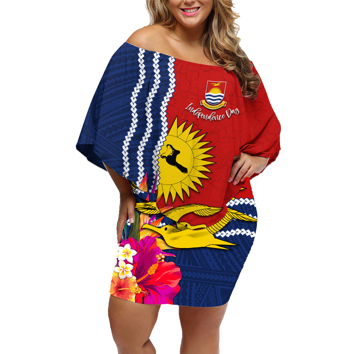 Kiribati Independence Day Family Matching Off Shoulder Short Dress and Hawaiian Shirt Kiribati Map With Flag Color