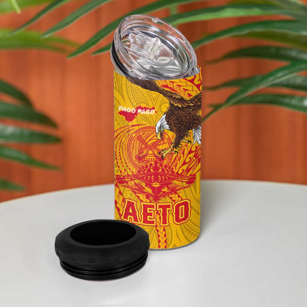 American Samoa Fautasi Race 4 in 1 Can Cooler Tumbler Aeto Pago Pago with Eagle Samoan Tribal Patterns