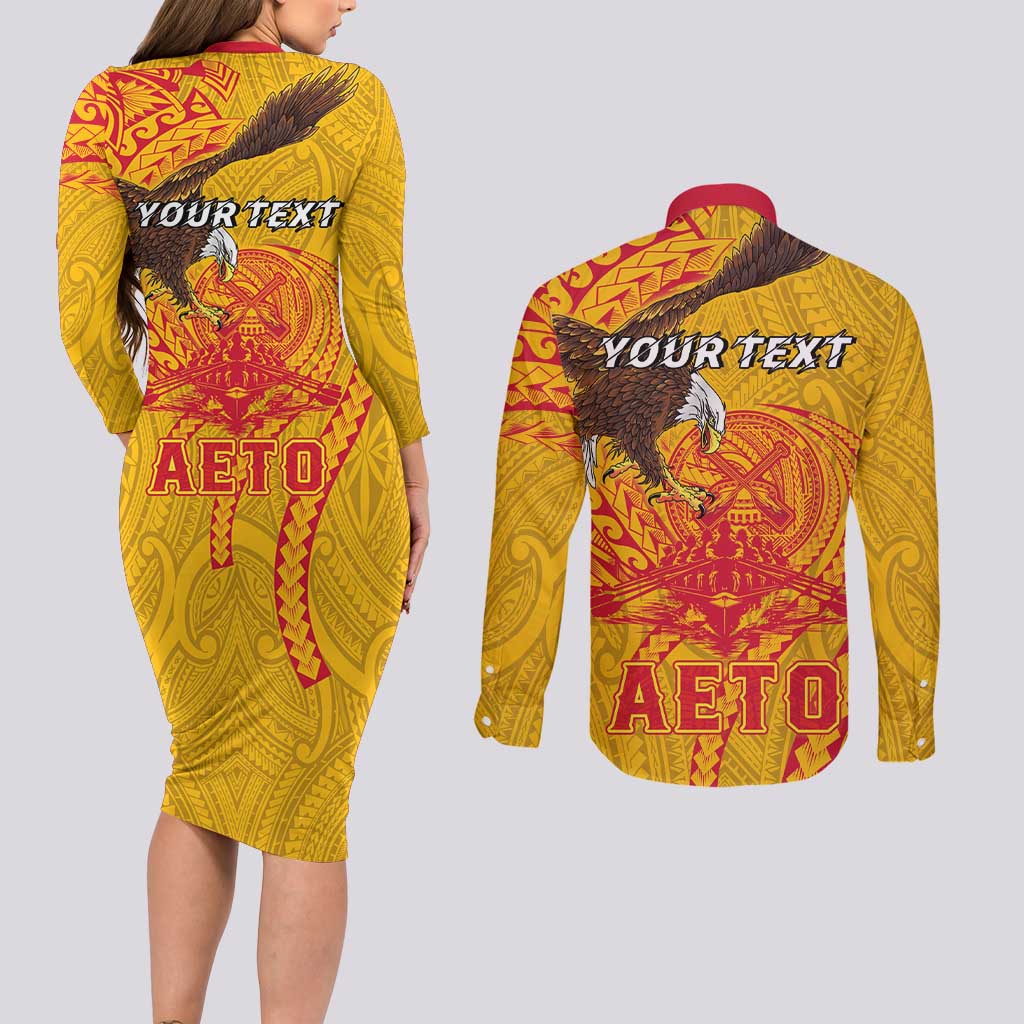 Personalized American Samoa Fautasi Race Couples Matching Long Sleeve Bodycon Dress and Long Sleeve Button Shirt Aeto Pago Pago with Eagle Samoan Tribal Patterns