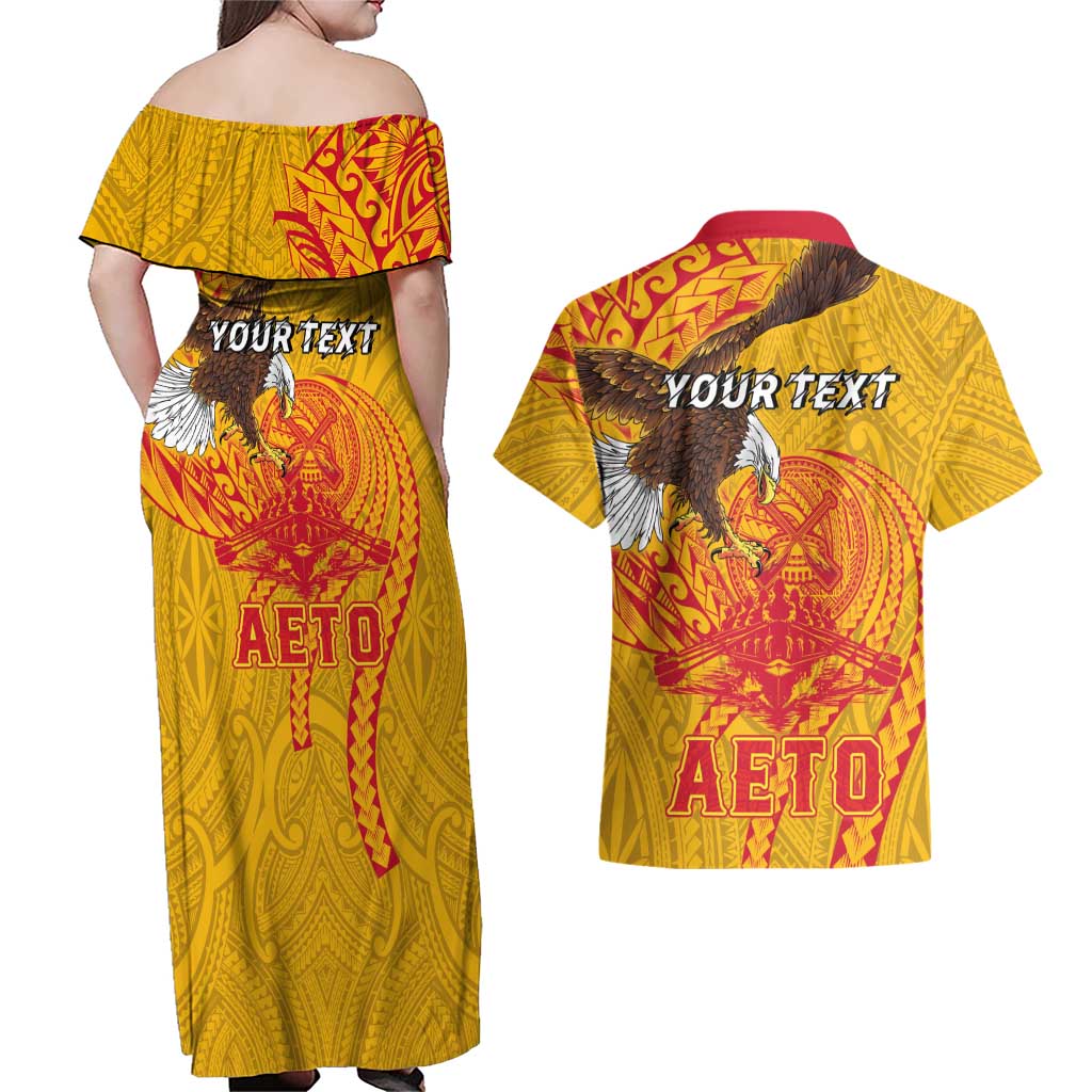 Personalized American Samoa Fautasi Race Couples Matching Off Shoulder Maxi Dress and Hawaiian Shirt Aeto Pago Pago with Eagle Samoan Tribal Patterns
