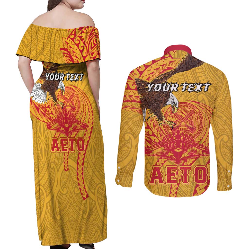 Personalized American Samoa Fautasi Race Couples Matching Off Shoulder Maxi Dress and Long Sleeve Button Shirt Aeto Pago Pago with Eagle Samoan Tribal Patterns