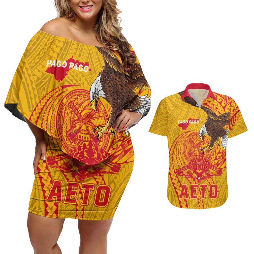 Personalized American Samoa Fautasi Race Couples Matching Off Shoulder Short Dress and Hawaiian Shirt Aeto Pago Pago with Eagle Samoan Tribal Patterns