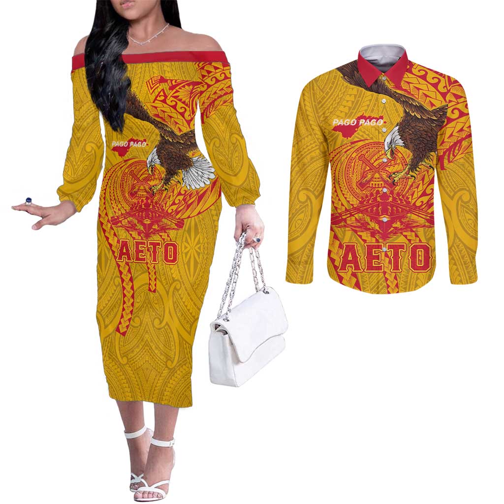Personalized American Samoa Fautasi Race Couples Matching Off The Shoulder Long Sleeve Dress and Long Sleeve Button Shirt Aeto Pago Pago with Eagle Samoan Tribal Patterns