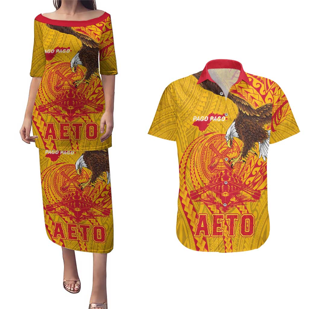 Personalized American Samoa Fautasi Race Couples Matching Puletasi and Hawaiian Shirt Aeto Pago Pago with Eagle Samoan Tribal Patterns