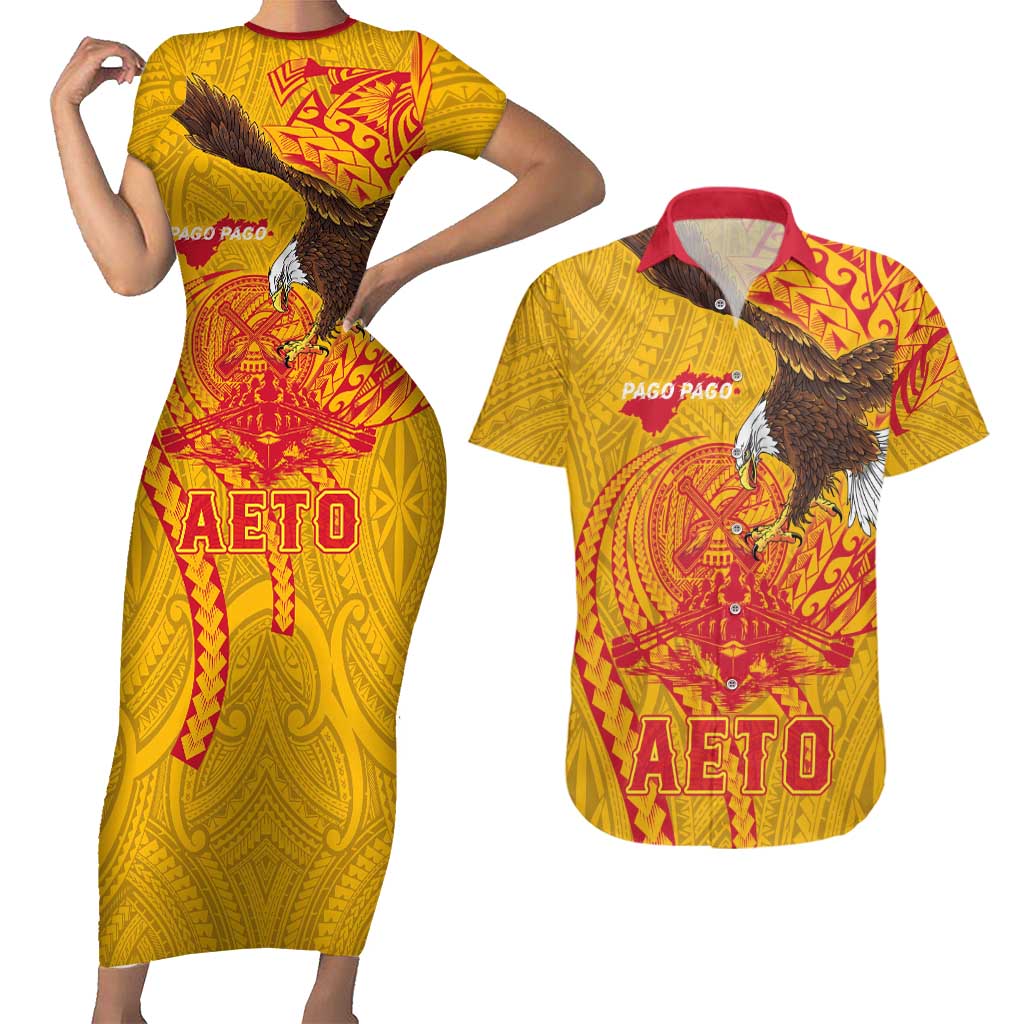 Personalized American Samoa Fautasi Race Couples Matching Short Sleeve Bodycon Dress and Hawaiian Shirt Aeto Pago Pago with Eagle Samoan Tribal Patterns