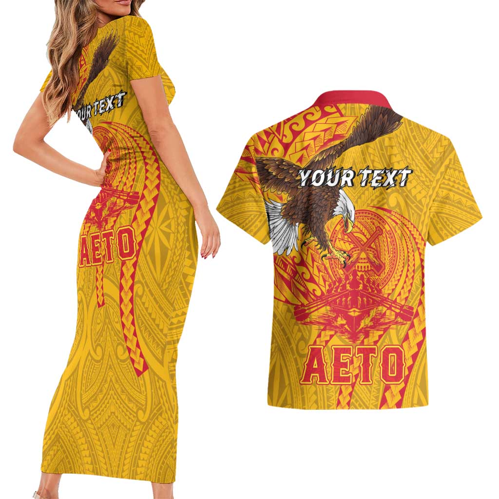 Personalized American Samoa Fautasi Race Couples Matching Short Sleeve Bodycon Dress and Hawaiian Shirt Aeto Pago Pago with Eagle Samoan Tribal Patterns