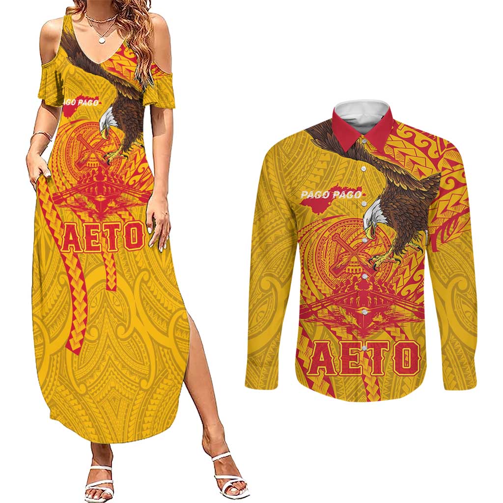 Personalized American Samoa Fautasi Race Couples Matching Summer Maxi Dress and Long Sleeve Button Shirt Aeto Pago Pago with Eagle Samoan Tribal Patterns
