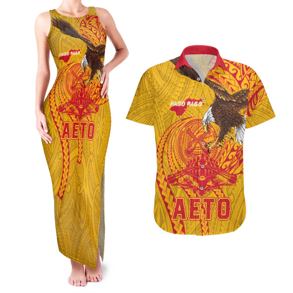 Personalized American Samoa Fautasi Race Couples Matching Tank Maxi Dress and Hawaiian Shirt Aeto Pago Pago with Eagle Samoan Tribal Patterns