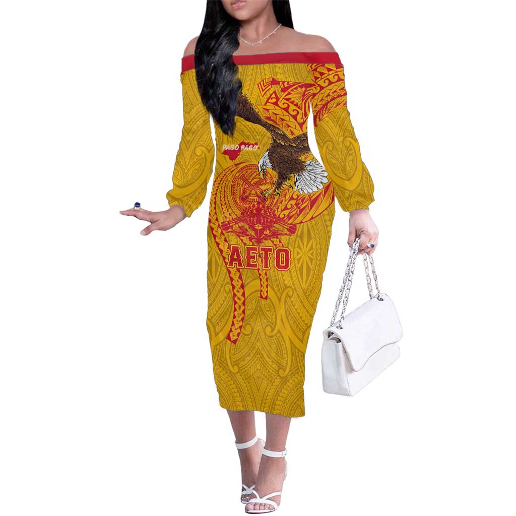 Personalized American Samoa Fautasi Race Family Matching Off The Shoulder Long Sleeve Dress and Hawaiian Shirt Aeto Pago Pago with Eagle Samoan Tribal Patterns