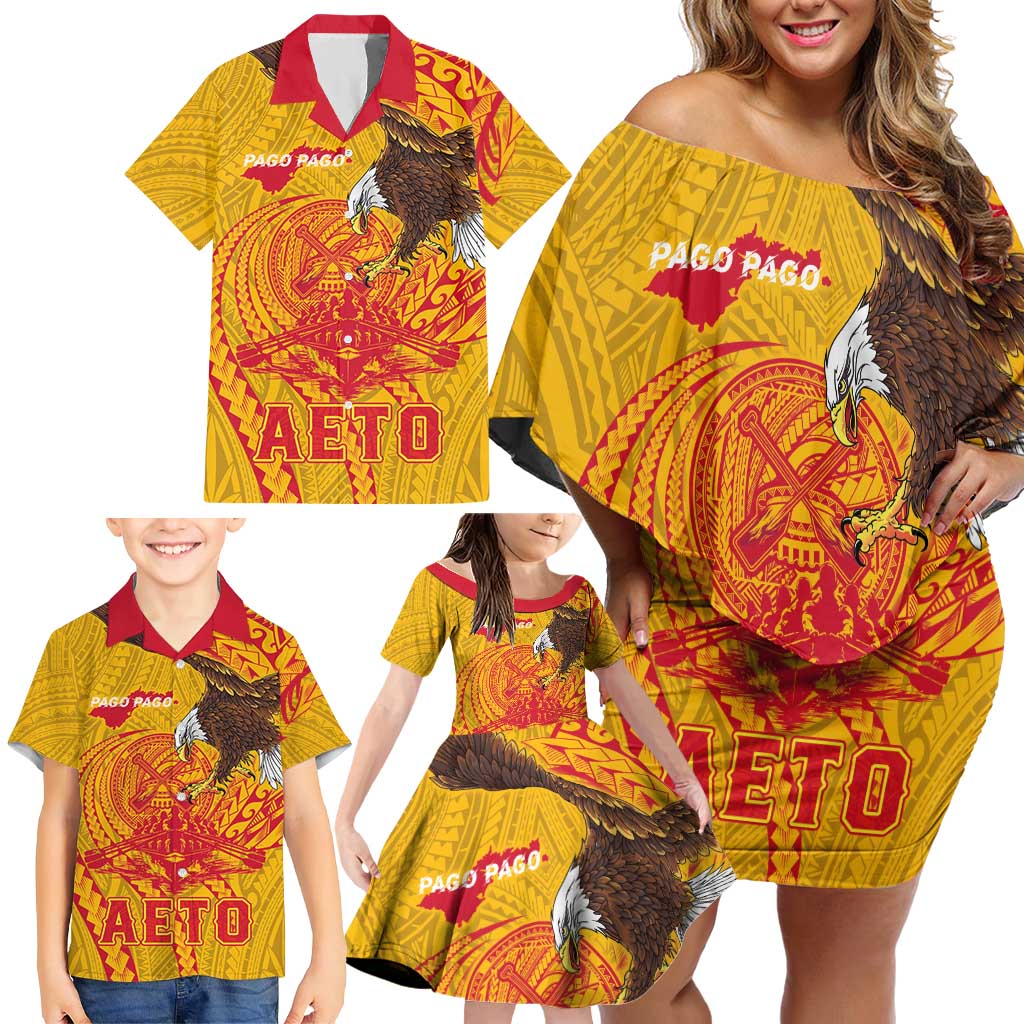 Personalized American Samoa Fautasi Race Family Matching Off Shoulder Short Dress and Hawaiian Shirt Aeto Pago Pago with Eagle Samoan Tribal Patterns