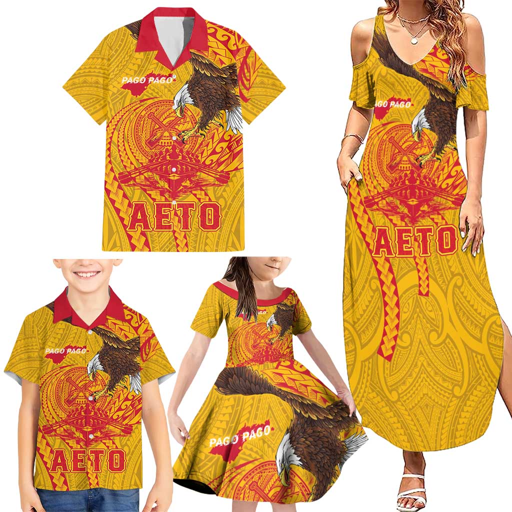 Personalized American Samoa Fautasi Race Family Matching Summer Maxi Dress and Hawaiian Shirt Aeto Pago Pago with Eagle Samoan Tribal Patterns