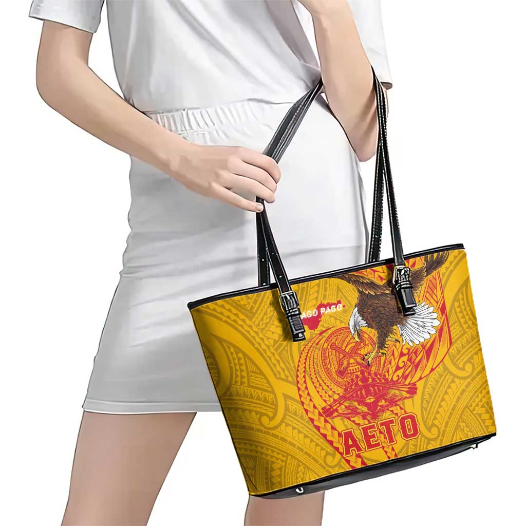 American Samoa Fautasi Race Leather Tote Bag Aeto Pago Pago with Eagle Samoan Tribal Patterns
