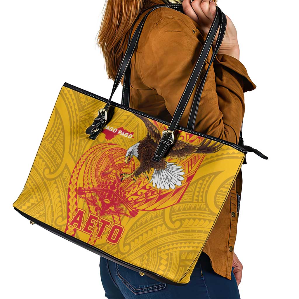 American Samoa Fautasi Race Leather Tote Bag Aeto Pago Pago with Eagle Samoan Tribal Patterns